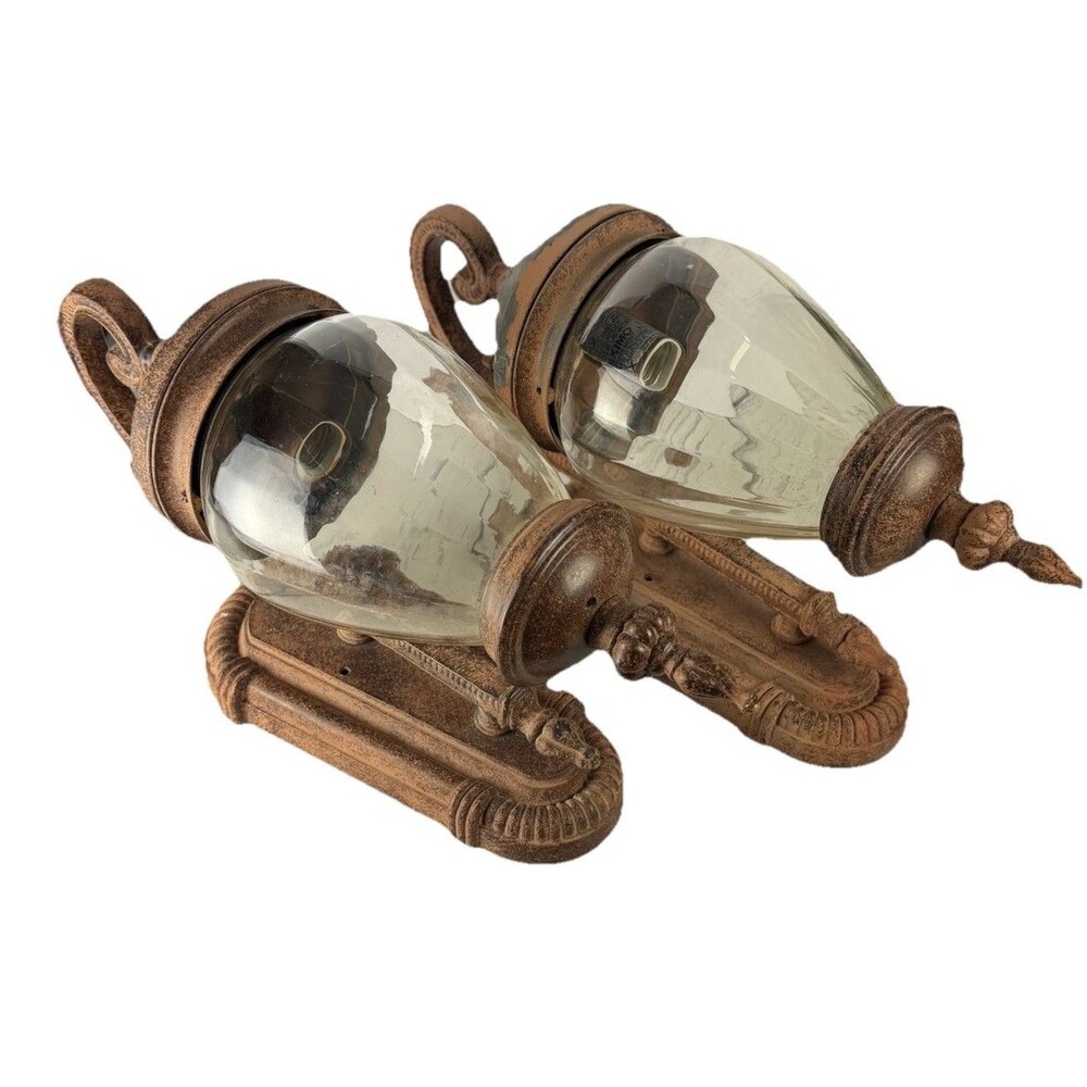 Pair of Rustic Outdoor Coach Sconces Rusted Metal Wall Lights Clear Glass